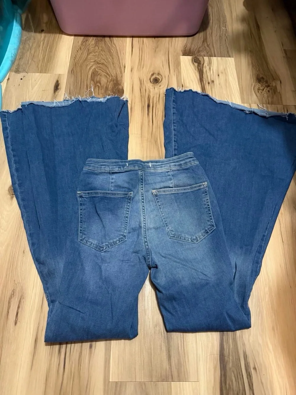 Free People Raw-Hem Wide Leg Bell Bottom Jeans in Medium Blue